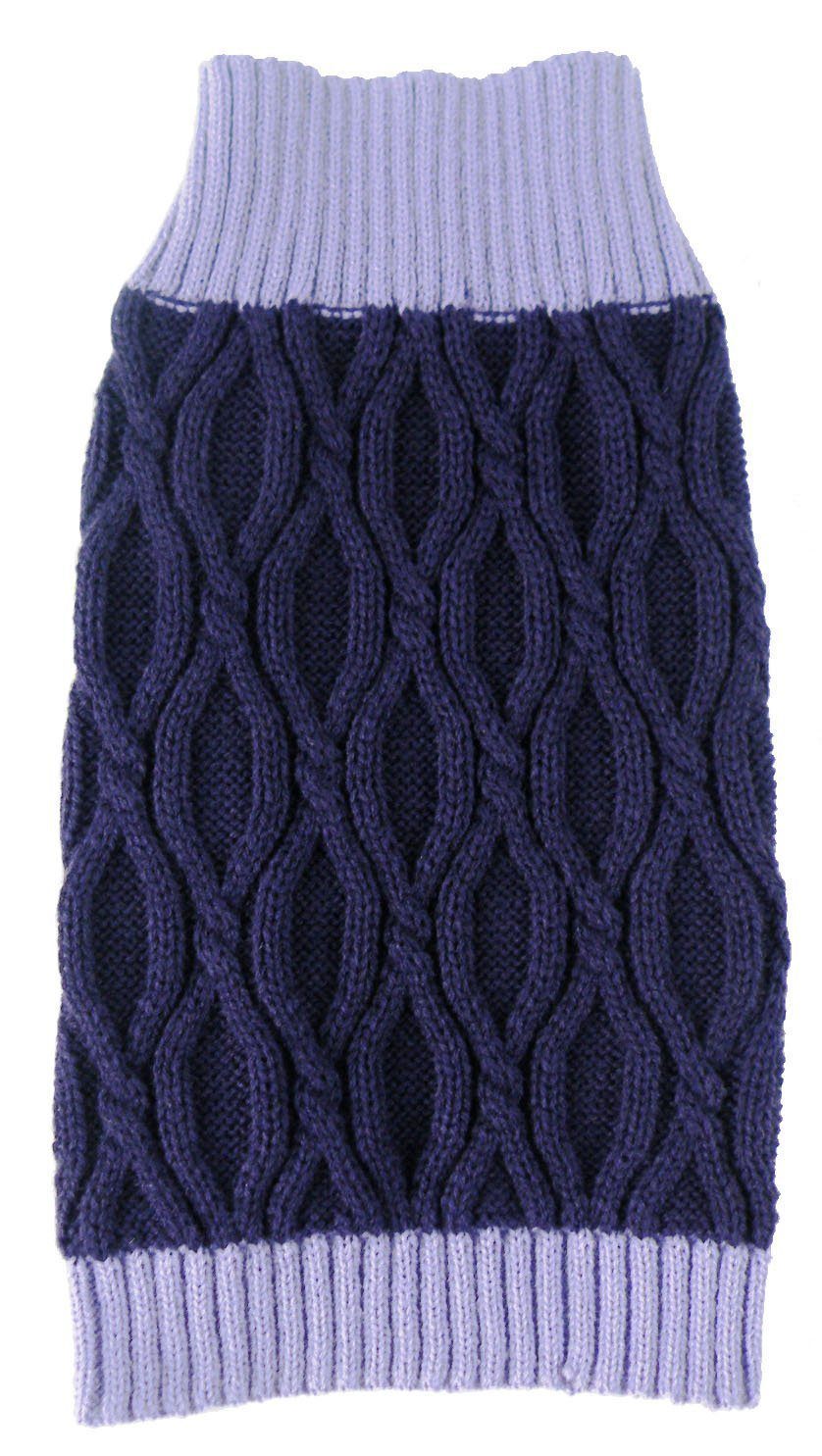 Navy blue knitted dog sweater with light purple trim on a white background