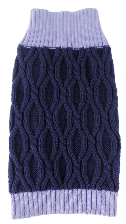 Navy blue knitted dog sweater with light purple trim on a white background