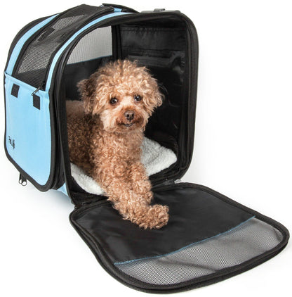 Dog inside a pet carrier with blue exterior and black interior.