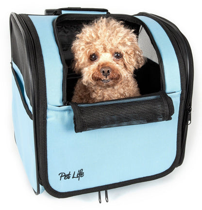 Small dog inside a light blue pet carrier with 'Pet Life' branding on a white background