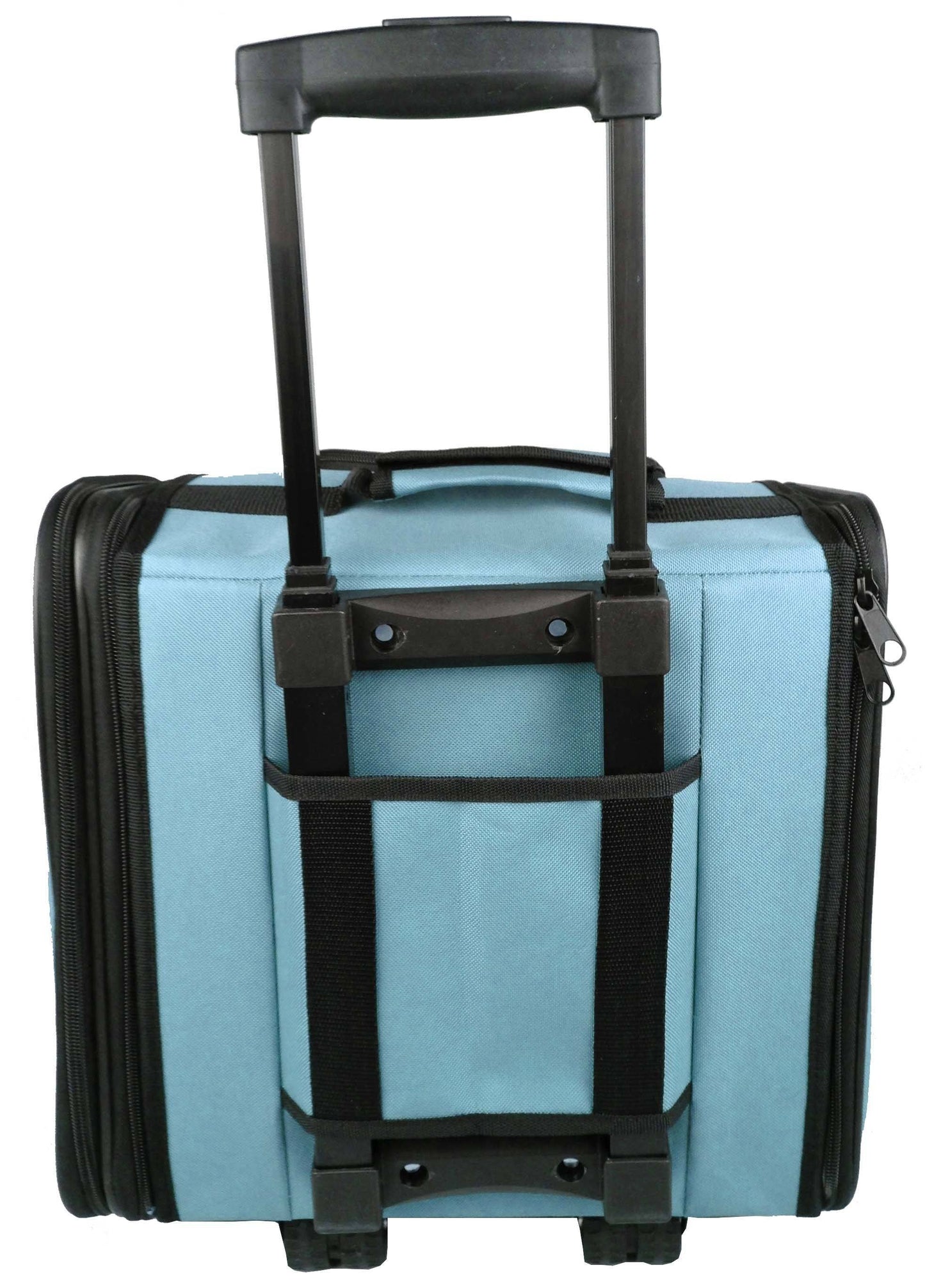 Light blue suitcase with black handle and straps on a white background