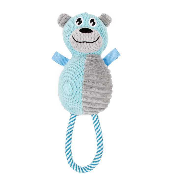 Blue and gray knitted toy with a smiling face on a white background