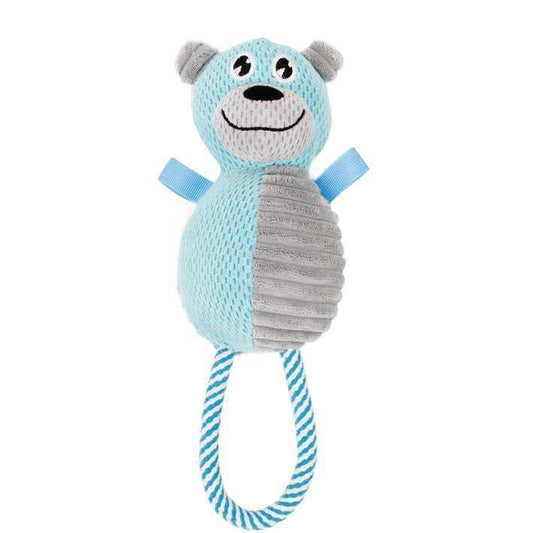 Blue and gray knitted toy with a smiling face on a white background