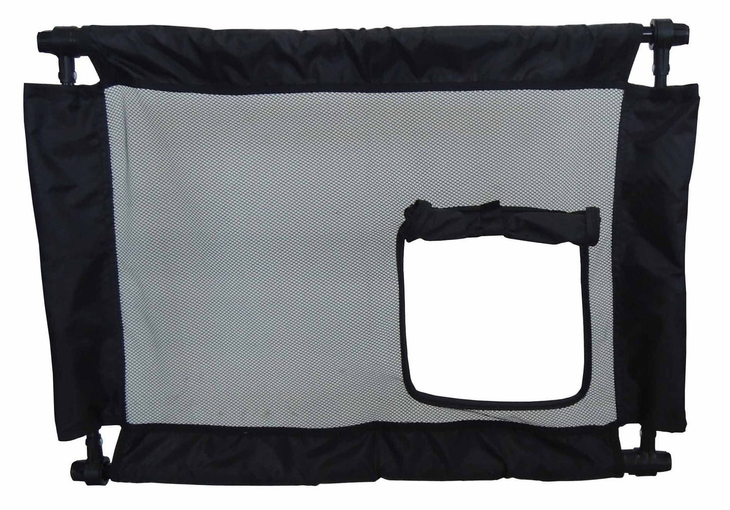 Black and gray pet carrier with mesh door on a white background