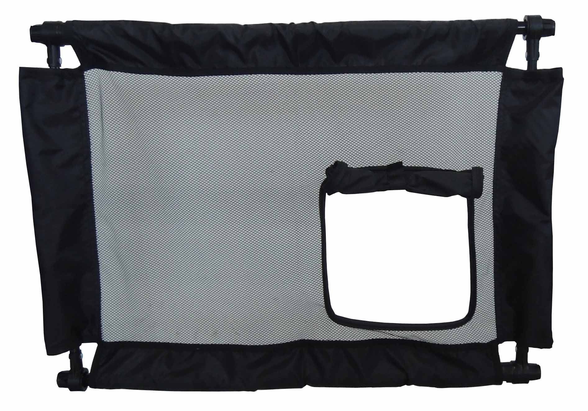 Black and gray pet carrier with mesh door on a white background