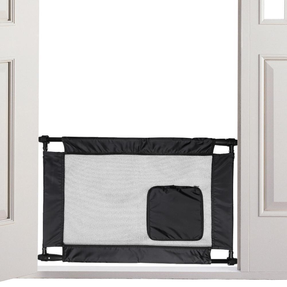 Black and gray pet gate in a doorway