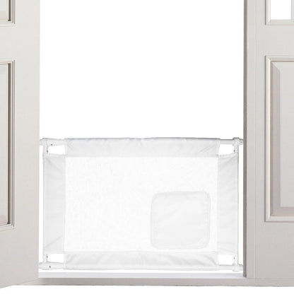 Clear window screen in a white-framed window