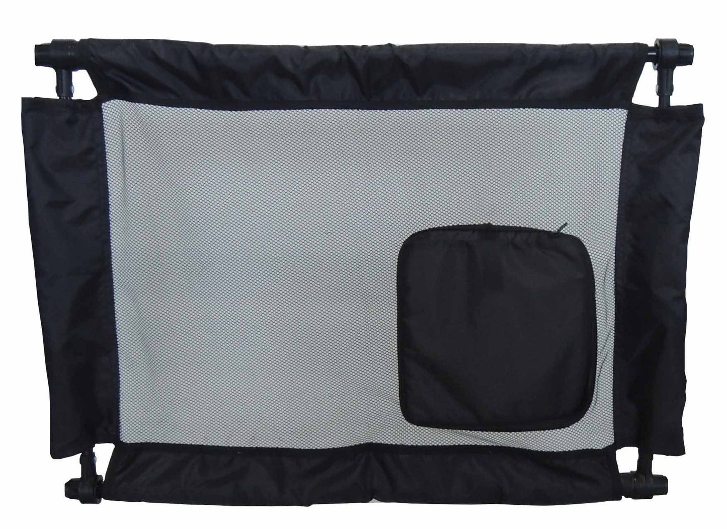 Black and gray pet gate with mesh panel and storage pouch on a white background