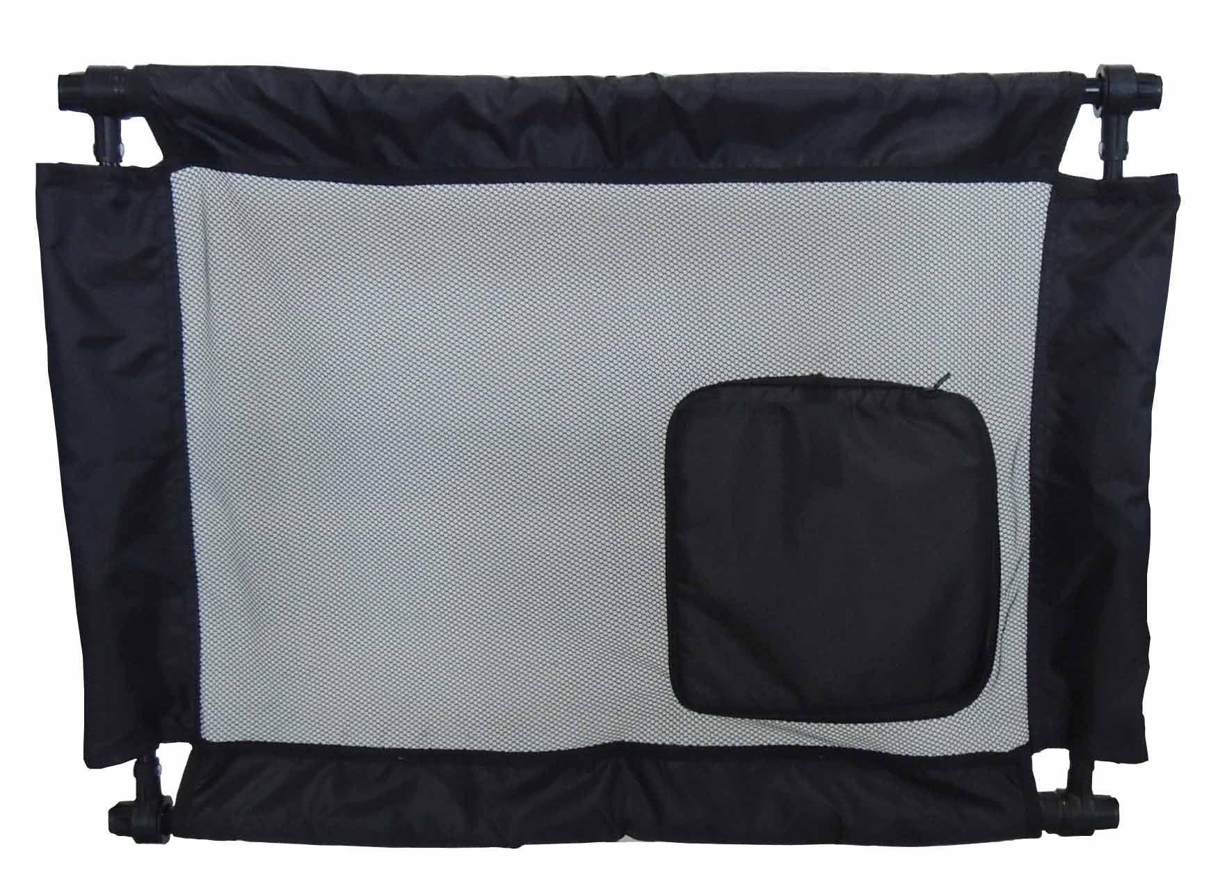 Black and gray pet gate with mesh panel and storage pouch on a white background