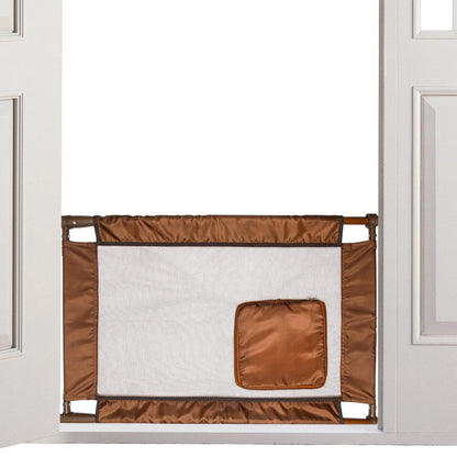 Brown and white baby gate on a white background