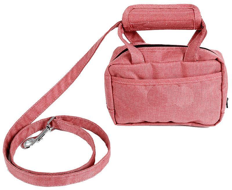 Pink dog carrier with handle and leash on a white background