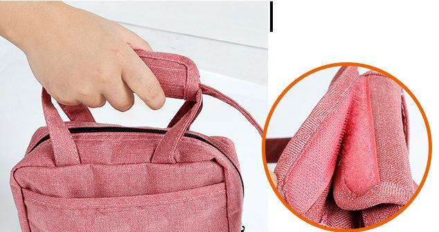 Pink bag with a hand holding it and a close-up of the fabric texture.