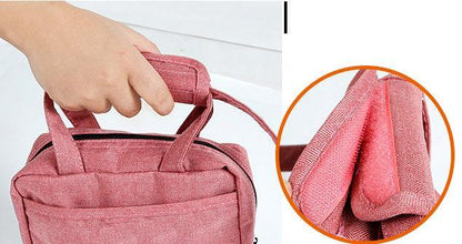 Pink bag with a hand holding it and a close-up of the fabric texture.