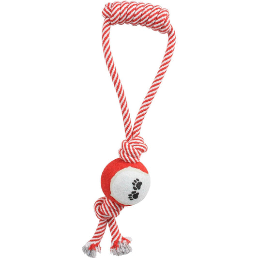 Red and white dog toy with a ball and rope on a white background