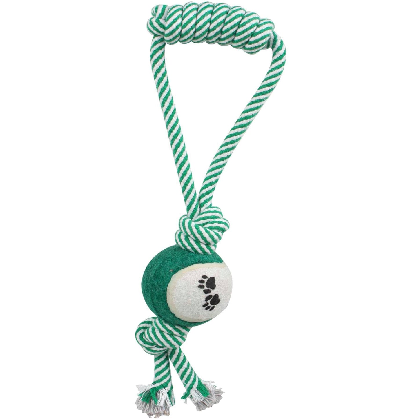 Green and white dog toy with a ball and rope on a white background