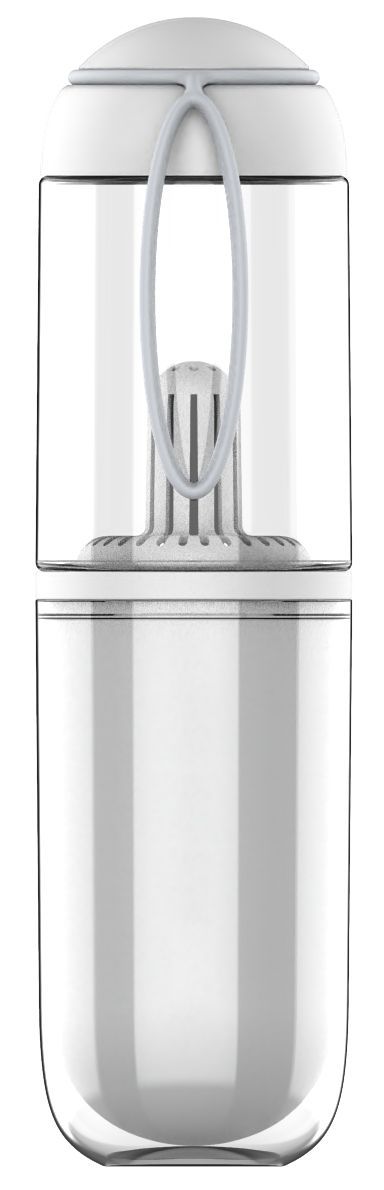 Clear glass container with a white lid on a white background