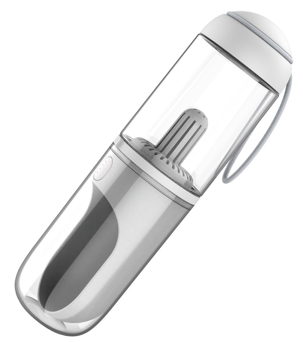Silver kitchen tool with a transparent container on a white background