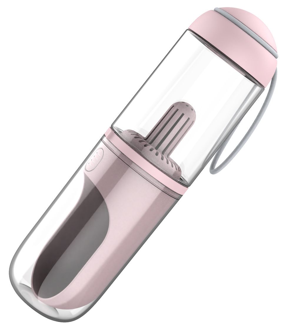 Clear water bottle with pink accents on a white background