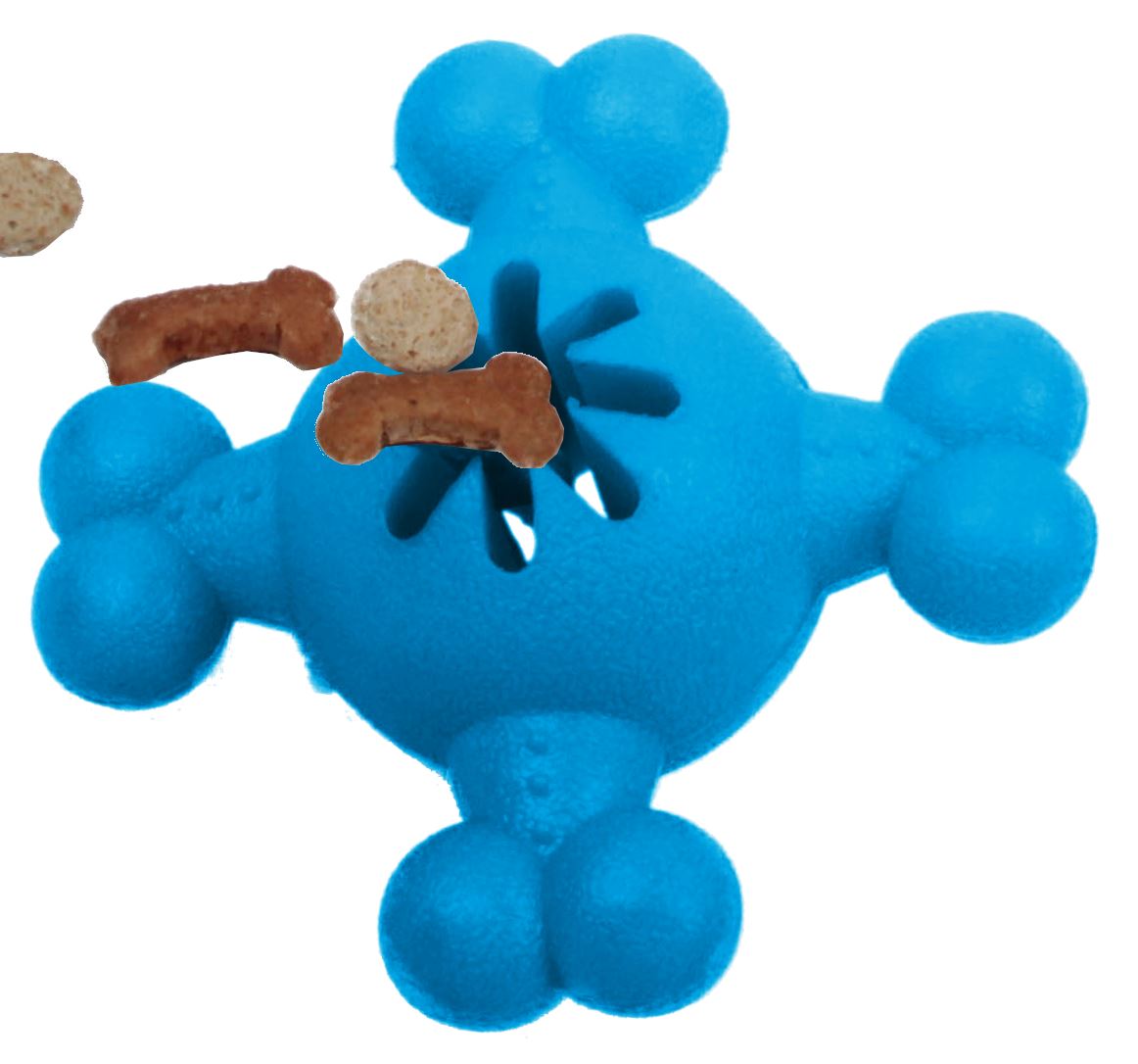 Blue dog toy shaped like a bone with treats on a white background