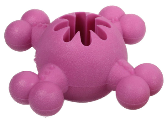 Pink dog toy with multiple ball attachments on a white background