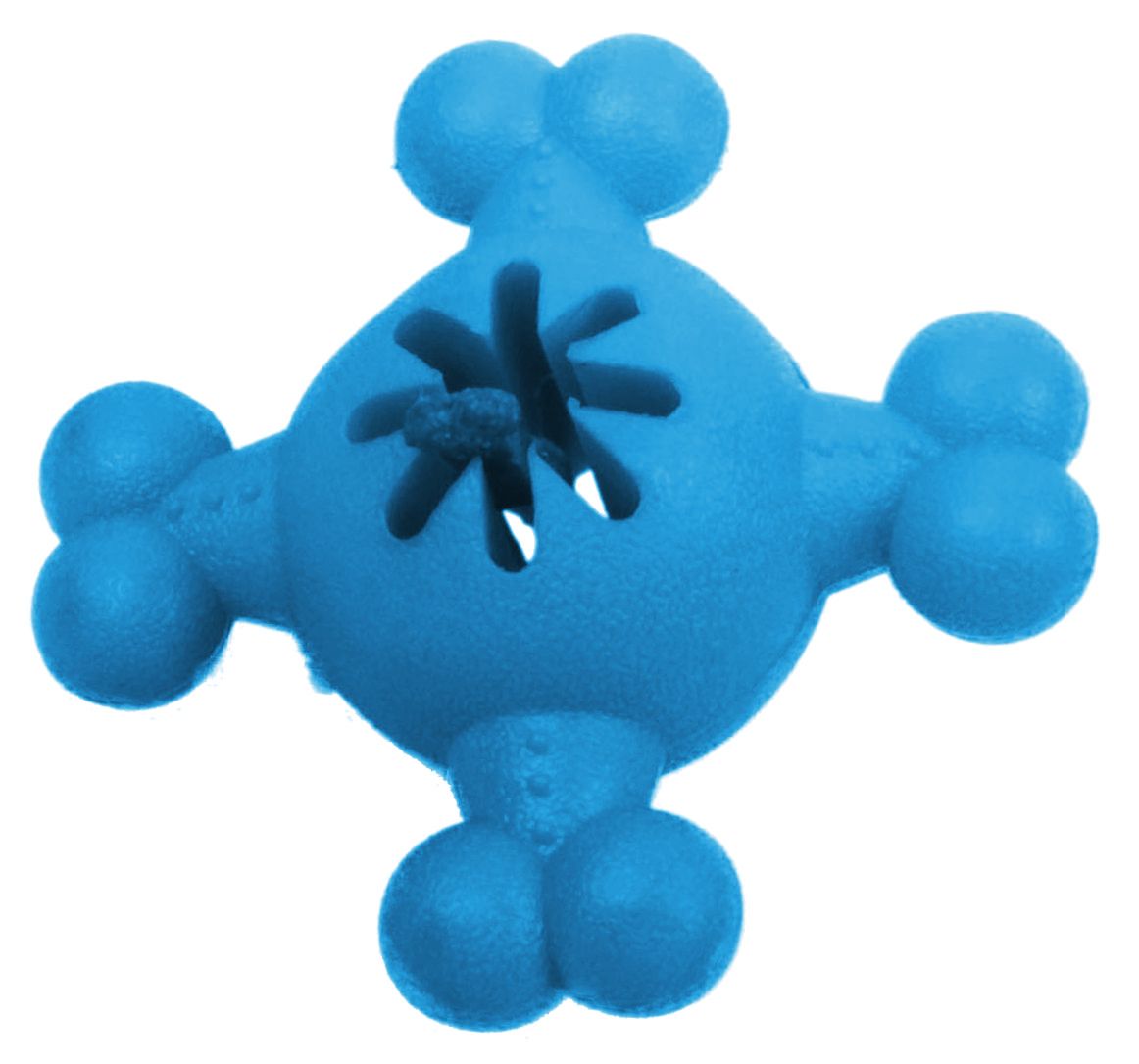 Blue dog toy with a black center on a white background