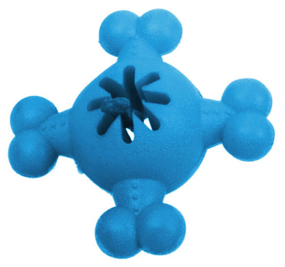 Blue dog toy with a black center on a white background