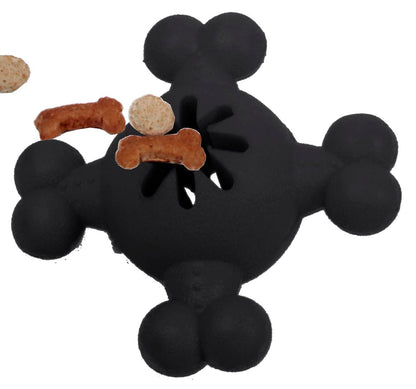 Black bone-shaped dog toy with small dog treats on a white background