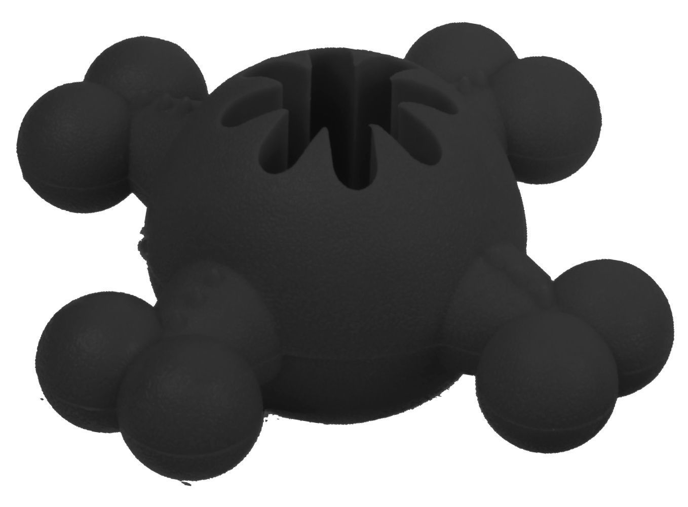 Black silicone dog toy on a white background