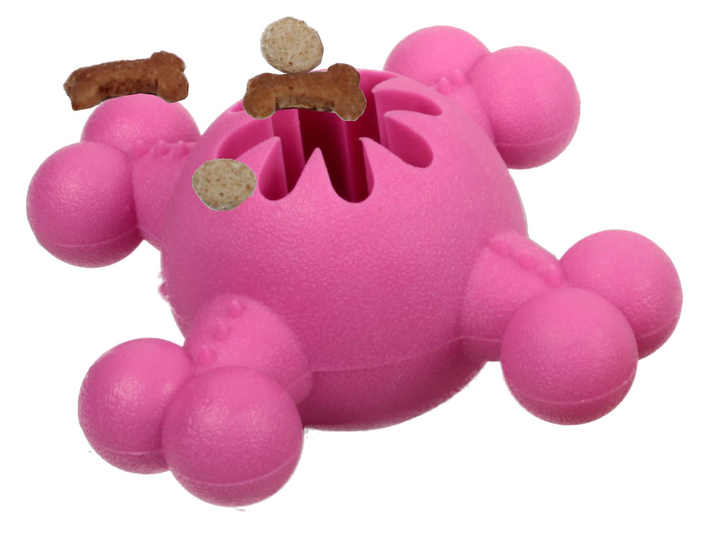 Pink dog toy shaped like a bone with treat dispensers on a white background