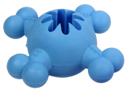 Blue rubber dog toy with spherical ends on a white background