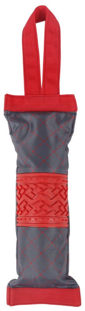 Red and gray patterned bag with a strap on a white background