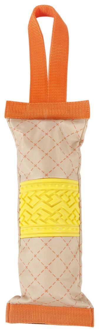 Dog toy with quilted design and orange handle