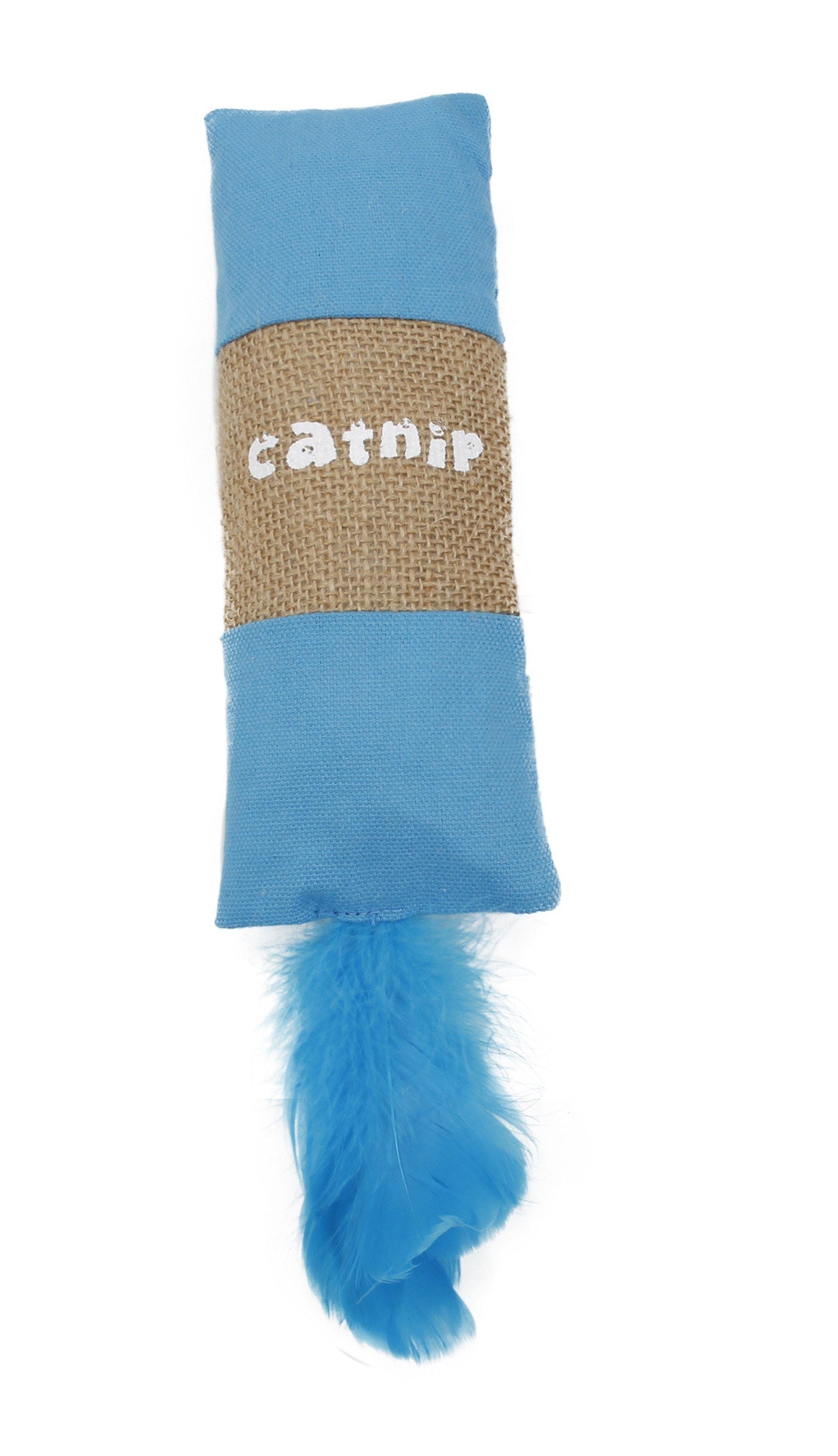 Blue catnip toy with a brown band and blue fur on a white background