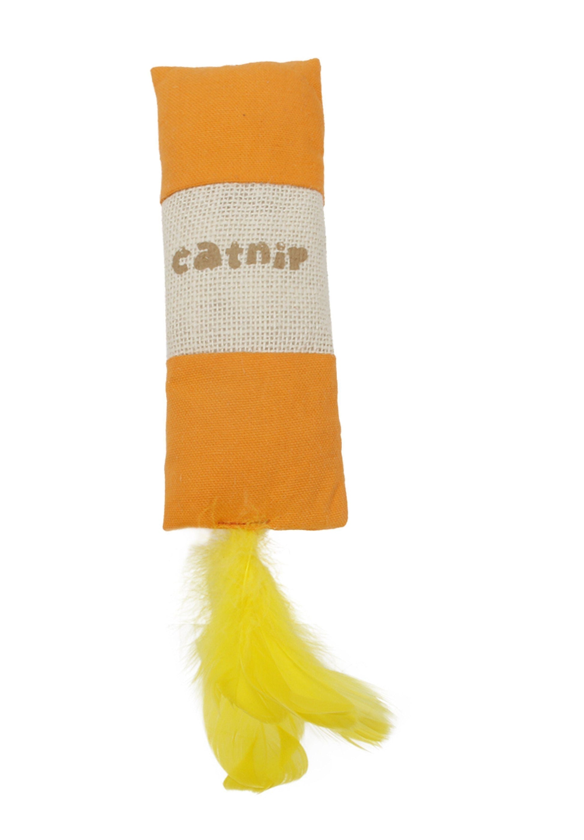 Catnip toy with orange top and yellow bottom on a white background