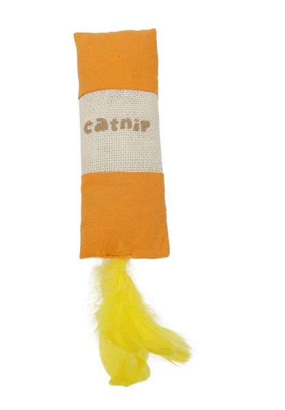 Catnip toy with orange top and yellow bottom on a white background