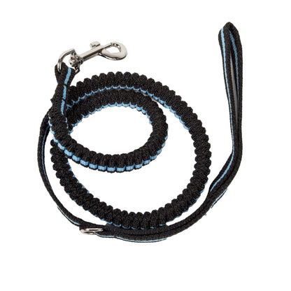 Black and blue braided dog leash with metal clip on a white background