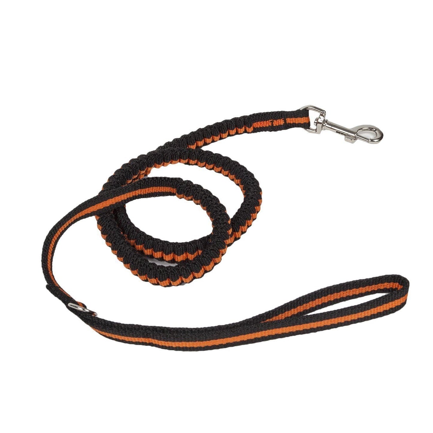Black and orange dog leash with metal clip on a white background