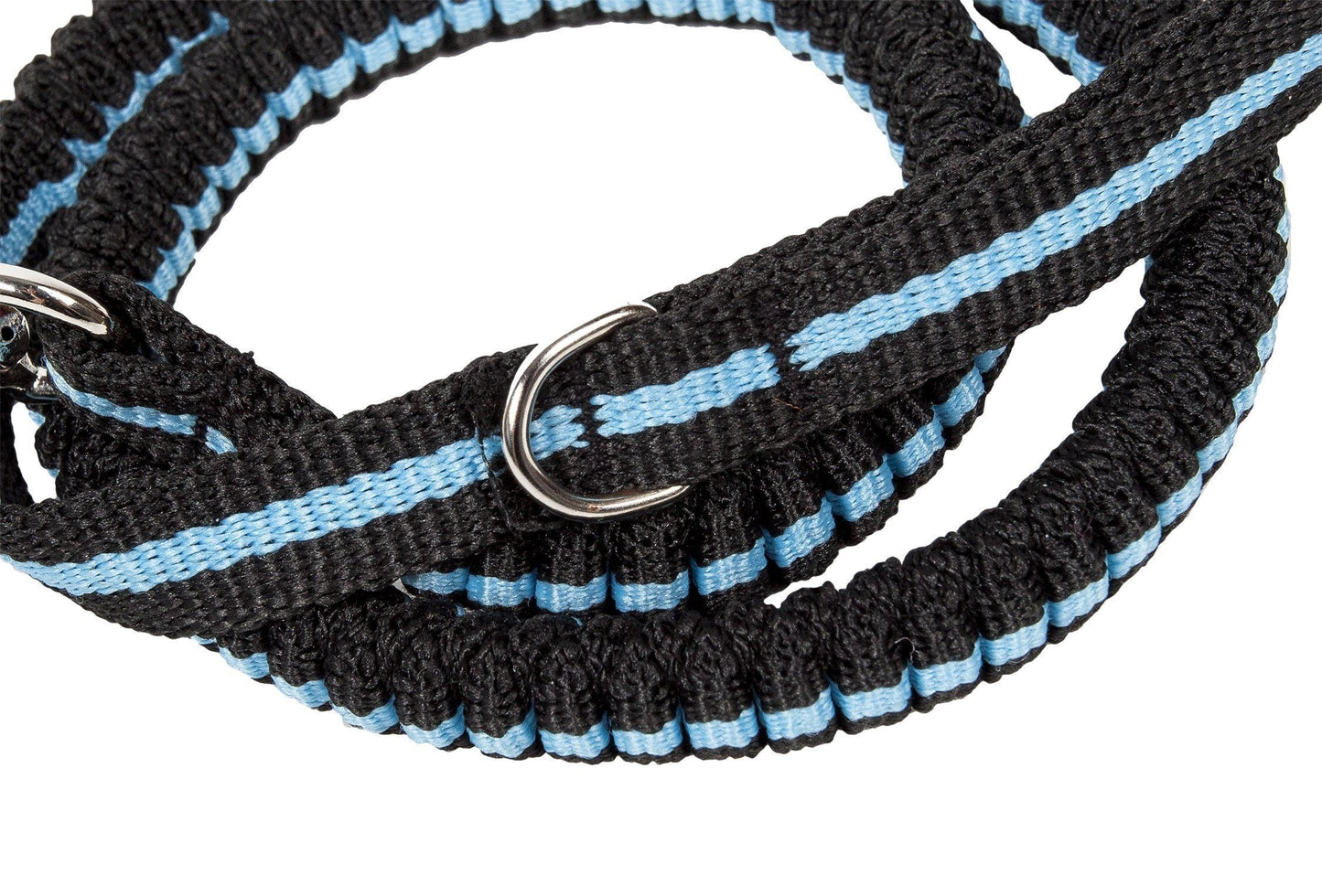 Black and blue braided dog leash on a white background