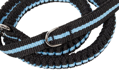 Black and blue braided dog leash on a white background