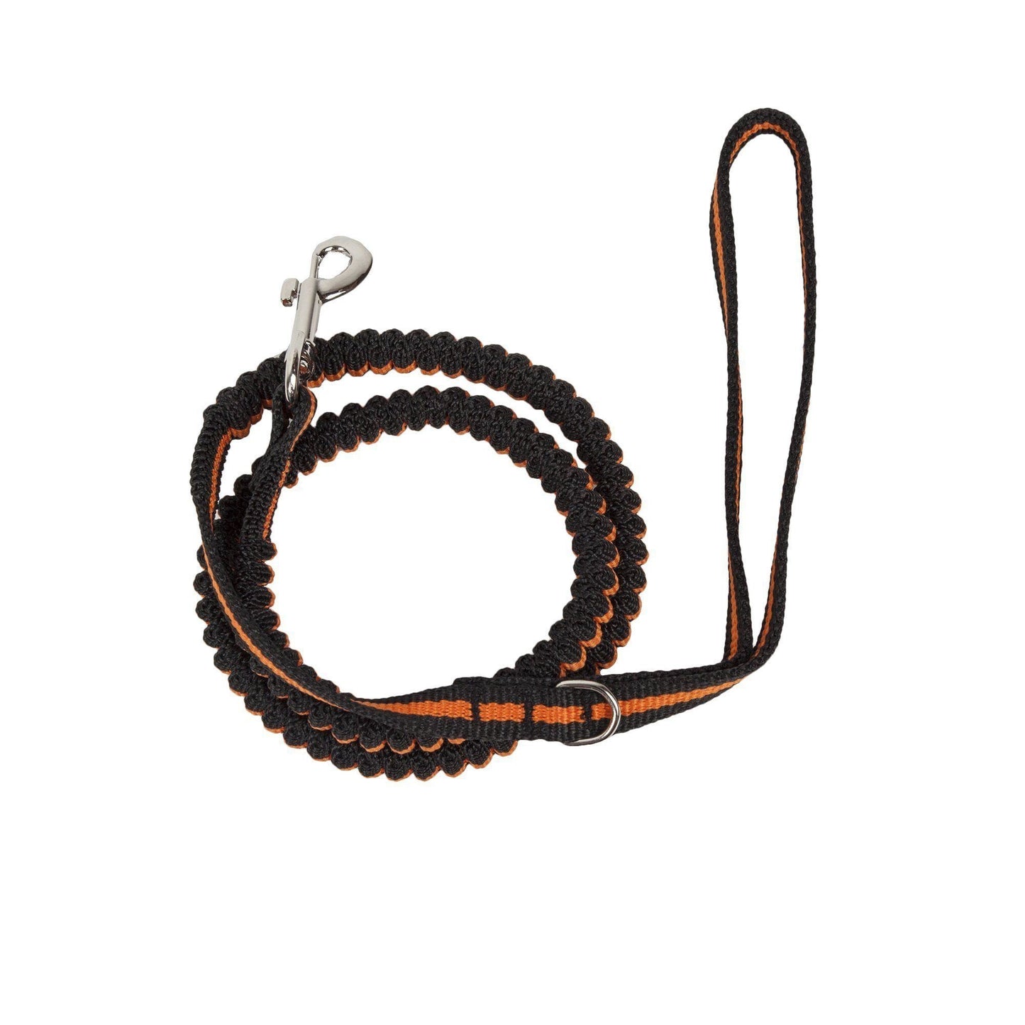 Black and orange braided dog leash on a white background