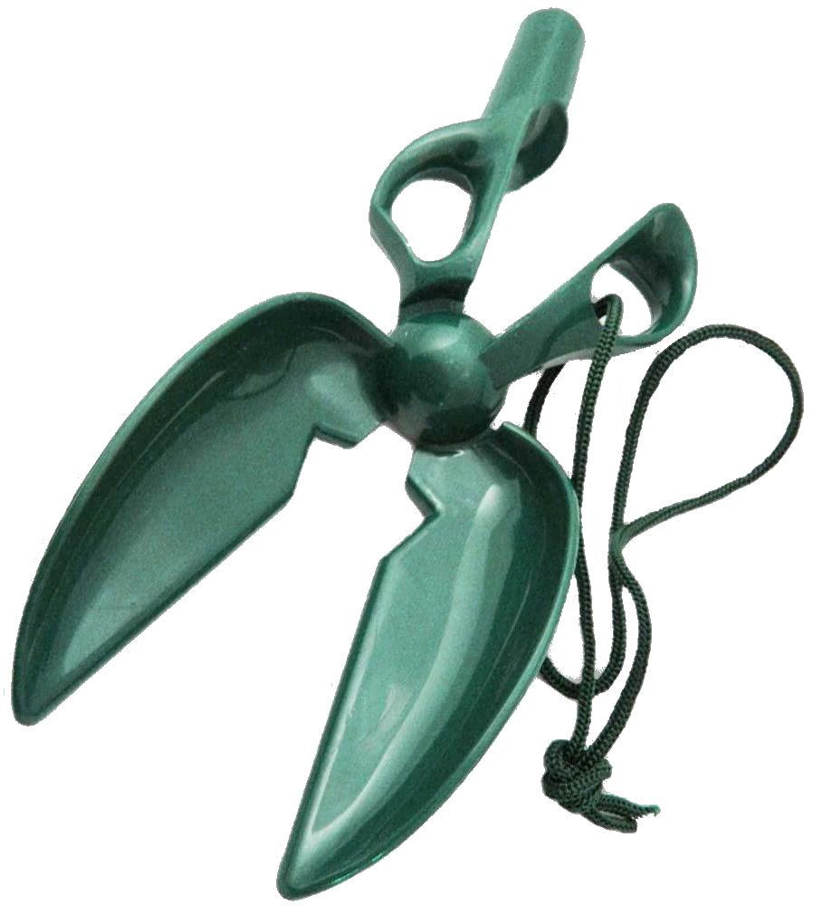 Green metal tool with a rope on a white background