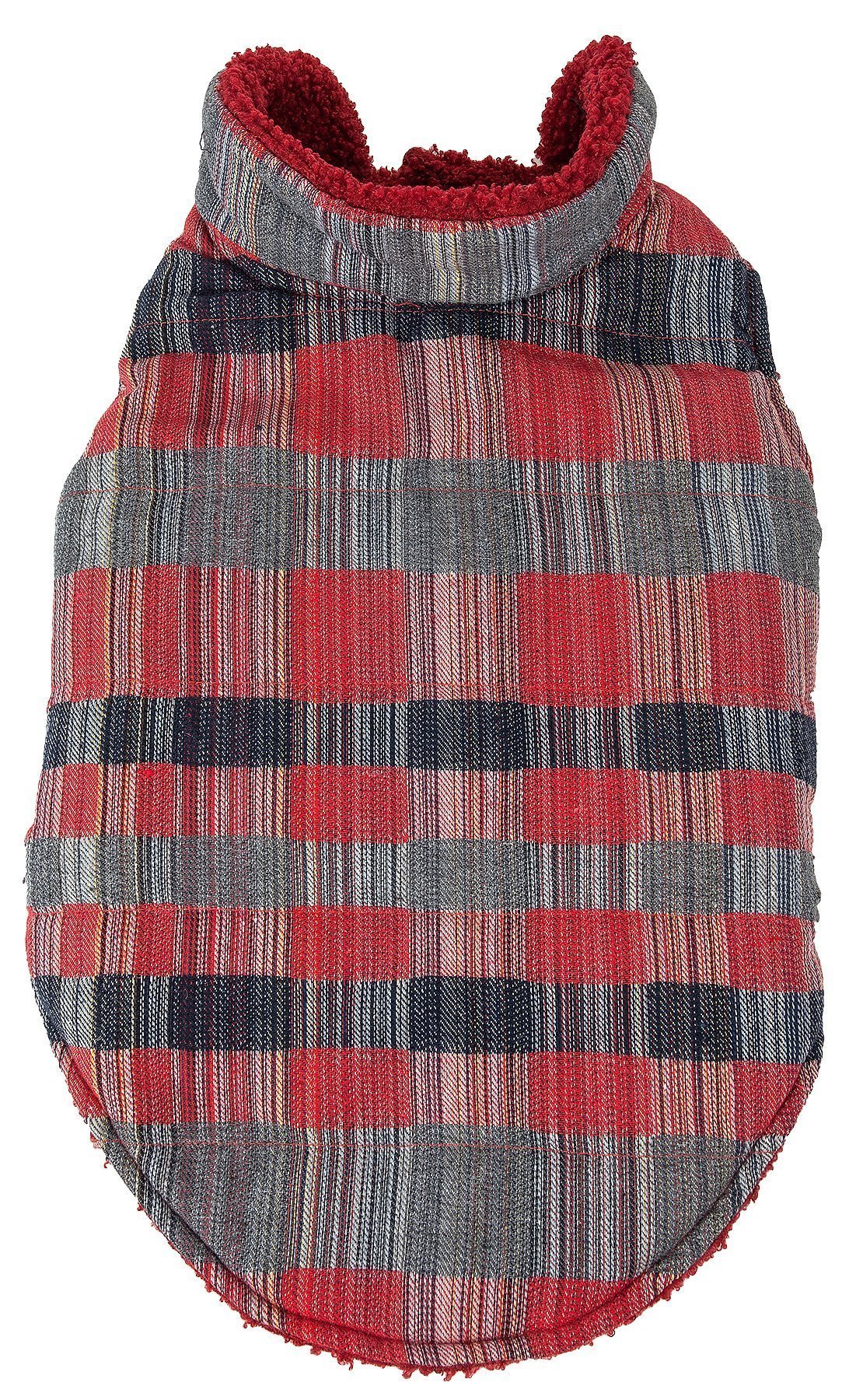 Plaid-patterned dog coat with red and gray checkered design on a white background