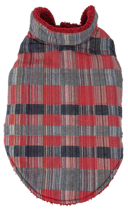 Plaid-patterned dog coat with red and gray checkered design on a white background