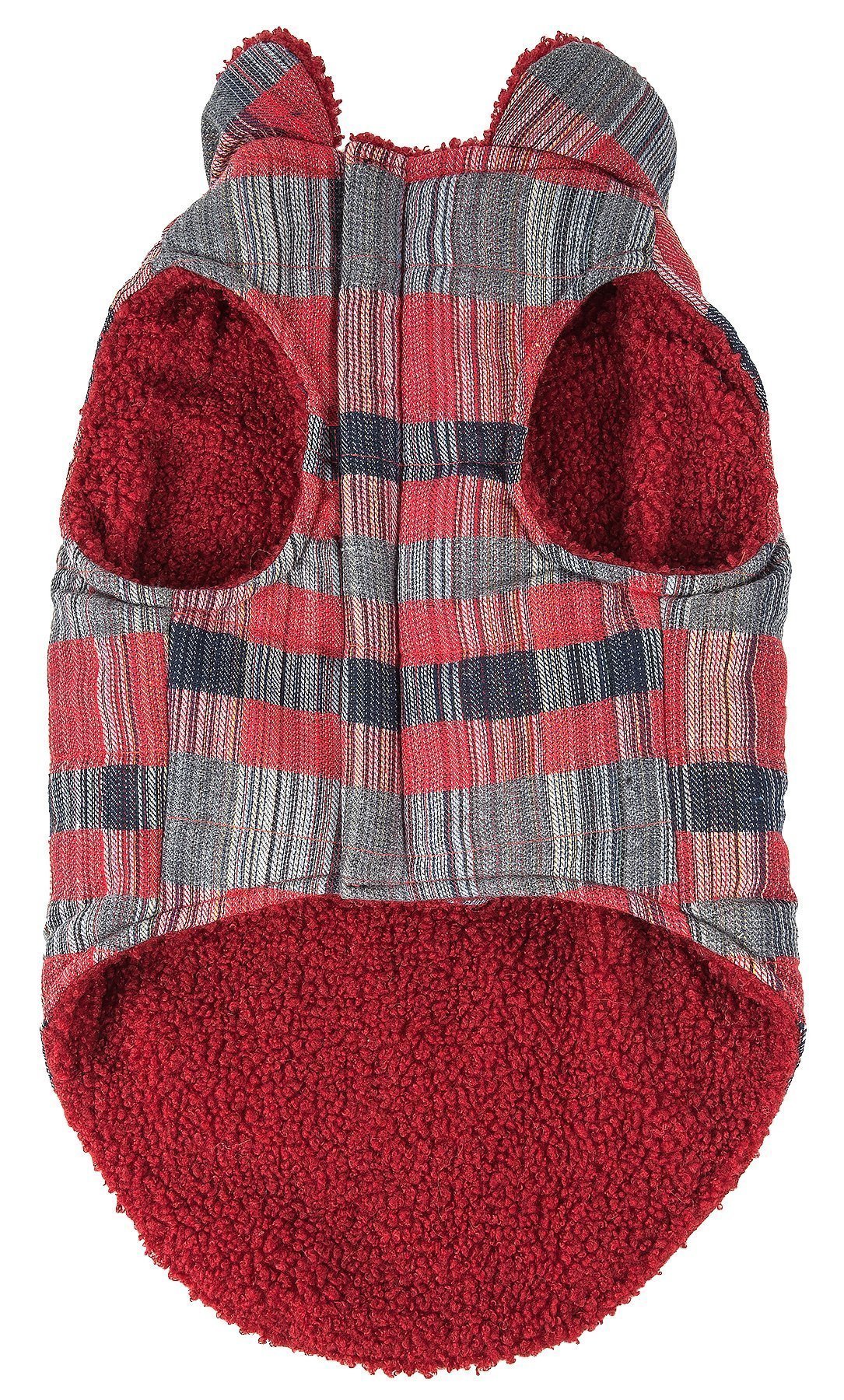 Red and gray plaid dog coat with bear ears on a white background