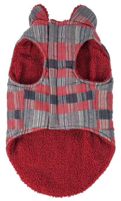 Red and gray plaid dog coat with bear ears on a white background