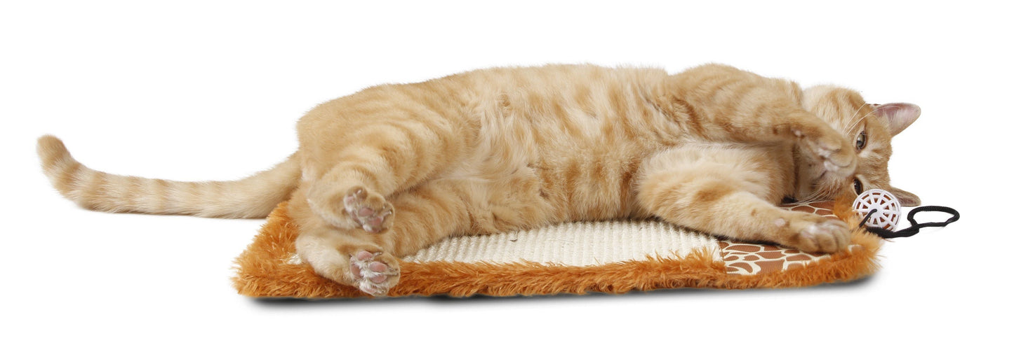 Cat playing with a toy on a catnip mat with a white background