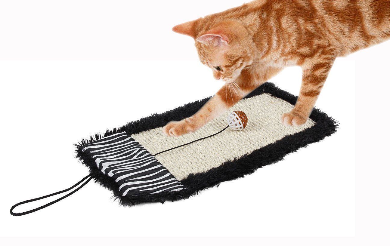 Cat playing with a striped mat toy on a white background