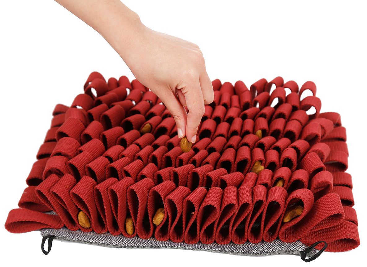 Red pet mat with a hand pressing down on it, on a white background