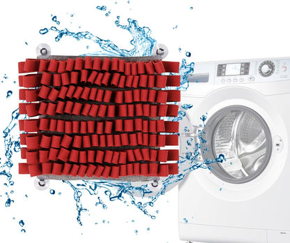 Red washing pad with water splashes and a white washing machine in the background