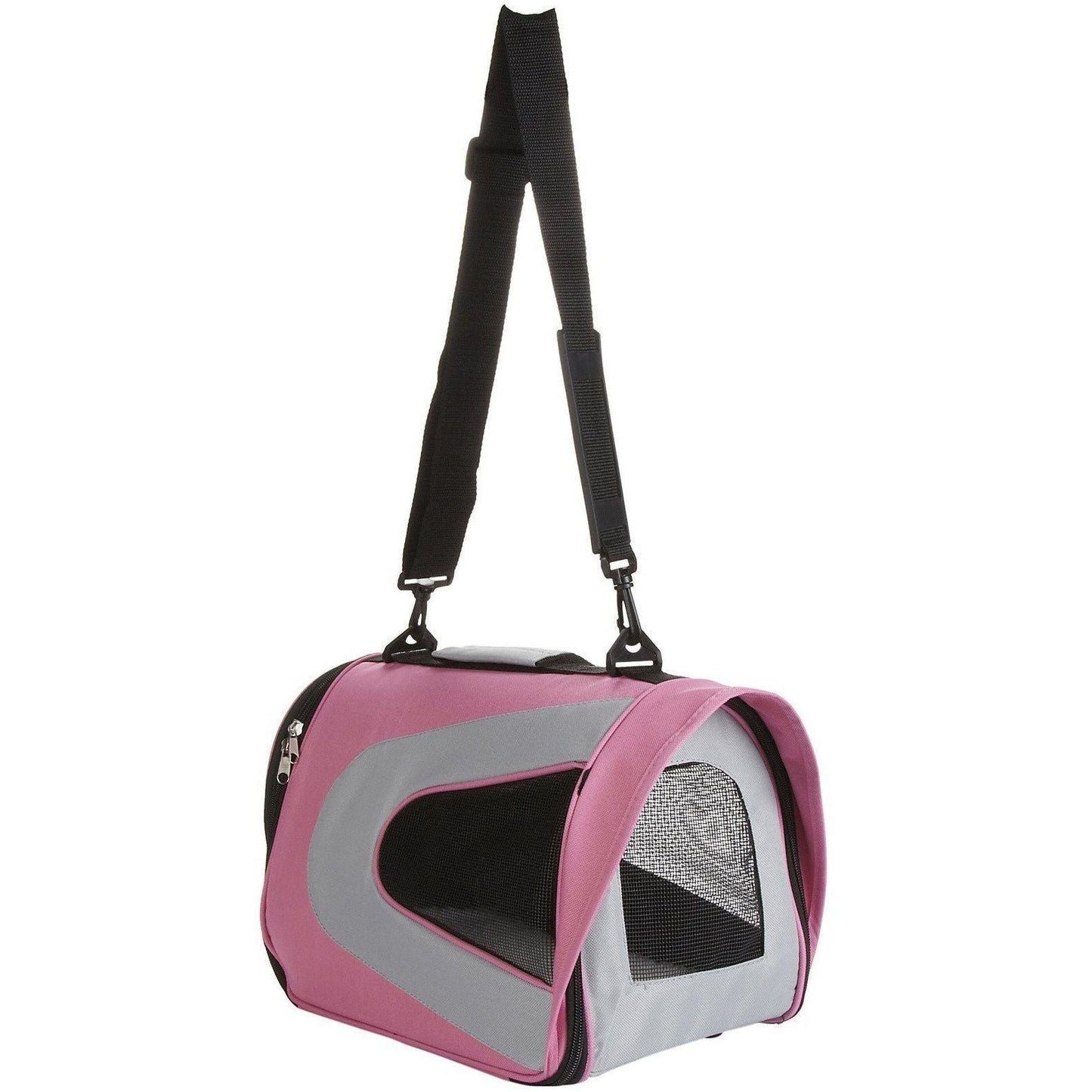 Pink and gray pet carrier with a black strap on a white background